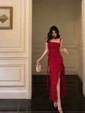 Sheath Spaghetti Straps Red Ruffles Date Night Dress Prom Dresses Birthday Outfit SD794