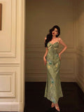 Sheath Spaghetti Straps Green Satin Date Night Dress Prom Dresses Birthday Outfit SD797