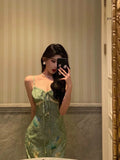 Sheath Spaghetti Straps Green Satin Date Night Dress Prom Dresses Birthday Outfit SD797