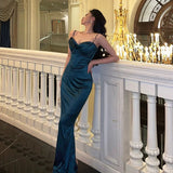 Sheath Spaghetti Straps Navy Blue Date Night Dress Ruffles Prom Dresses Birthday Outfit SD798