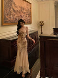 Mermaid Spaghetti Straps Champagne Floral Date Night Dress Prom Dresses Birthday Outfit SD801