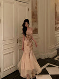 Mermaid Spaghetti Straps Champagne Floral Date Night Dress Prom Dresses Birthday Outfit SD801