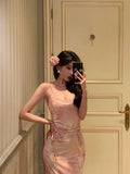 Sheath Spaghetti Straps Pink Floral Date Night Dress Prom Dresses Birthday Outfit SD802