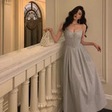 A Line Spaghetti Straps Pleated Silver Gray Sequin Prom Dresses Birthday Outfits Evening Gown SD803