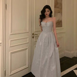 A Line Spaghetti Straps Pleated Silver Gray Sequin Prom Dresses Birthday Outfits Evening Gown SD803