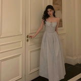 A Line Spaghetti Straps Pleated Silver Gray Sequin Prom Dresses Birthday Outfits Evening Gown SD803