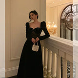 A Line Square Neckline Long Sleeves Black Velvet Prom Dresses Birthday Outfits Evening Gown SD804