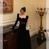 A Line Square Neckline Long Sleeves Black Velvet Prom Dresses Birthday Outfits Evening Gown SD804