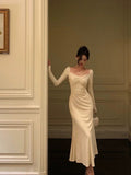 A Line Square Neckline Long Sleeves Ivory Prom Dresses Birthday Outfits Evening Gown SD806
