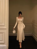 A Line Square Neckline Long Sleeves Ivory Prom Dresses Birthday Outfits Evening Gown SD806
