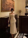 A Line Square Neckline Long Sleeves Ivory Prom Dresses Birthday Outfits Evening Gown SD806