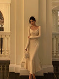A Line Square Neckline Long Sleeves Ivory Prom Dresses Birthday Outfits Evening Gown SD806