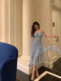 Sheath Spaghetti Straps Blue Chiffon Ruffles Date Night Dress Prom Dresses Birthday Outfit SD812