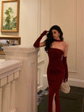 Sheath Strapless Burgundy Date Night Dress Tulle Prom Dresses With Gloves Party Dress Birthday Outfits SD813