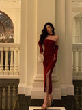 Sheath Strapless Burgundy Date Night Dress Tulle Prom Dresses With Gloves Party Dress Birthday Outfits SD813