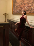 Sheath Halter Burgundy Date Night Dress Velvet Prom Dresses Party Dress Birthday Outfits SD814
