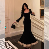 Mermaid Square Neckline Black Prom Dresses Birthday Outfits Evening Gown SD816