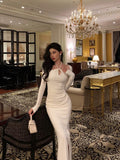 Sheath Halter Neckline Long Sleeves Date Night Dress White Prom Dresses Birthday Outfit SD819