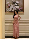 A Line V neckline Long Date Night Dress Pink Prom Dresses Birthday Outfit SD822