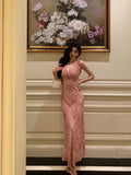 A Line V neckline Long Date Night Dress Pink Prom Dresses Birthday Outfit SD822