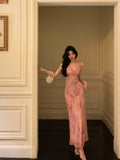 A Line V neckline Long Date Night Dress Pink Prom Dresses Birthday Outfit SD822