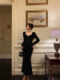 Mermaid Square Neckline Long Sleeves Black Velvet Prom Dresses Birthday Outfits SD836