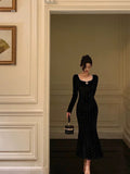 Mermaid Square Neckline Long Sleeves Black Velvet Prom Dresses Birthday Outfits SD836