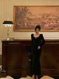 Mermaid Square Neckline Long Sleeves Black Velvet Prom Dresses Birthday Outfits SD836