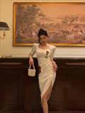Sheath Square Neckline Short Sleeves Date Night Dress White Prom Dresses Birthday Outfit SD838