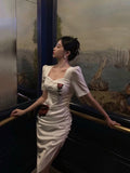 Sheath Square Neckline Short Sleeves Date Night Dress White Prom Dresses Birthday Outfit SD838