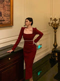 Sheath Square Neckline Long Sleeves Date Night Dress Red Prom Dresses Birthday Outfit SD839