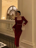 Sheath Square Neckline Long Sleeves Date Night Dress Red Prom Dresses Birthday Outfit SD839