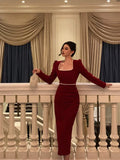 Sheath Square Neckline Long Sleeves Date Night Dress Red Prom Dresses Birthday Outfit SD839