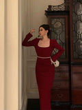 Sheath Square Neckline Long Sleeves Date Night Dress Red Prom Dresses Birthday Outfit SD839