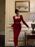 Sheath Square Neckline Long Sleeves Date Night Dress Red Prom Dresses Birthday Outfit SD839
