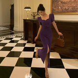 Sheath Square Neckline Short Sleeves Date Night Dress Grape Prom Dresses Birthday Outfit SD842