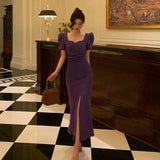 Sheath Square Neckline Short Sleeves Date Night Dress Grape Prom Dresses Birthday Outfit SD842