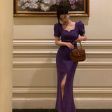 Sheath Square Neckline Short Sleeves Date Night Dress Grape Prom Dresses Birthday Outfit SD842