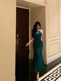 Sheath Halter Sleeveless Green Silk Satin Prom Dresses Birthday Outfits SD843