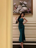 Sheath Halter Sleeveless Green Silk Satin Prom Dresses Birthday Outfits SD843