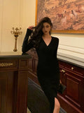 Sheath V Neckline Long Sleeves Black Slit Prom Dresses Birthday Outfits SD844