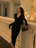 Sheath V Neckline Long Sleeves Black Slit Prom Dresses Birthday Outfits SD844