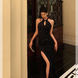 Sheath Halter Sleeveless Black Sequin Prom Dresses Birthday Outfits SD846