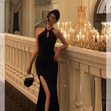 Sheath Halter Sleeveless Black Sequin Prom Dresses Birthday Outfits SD846