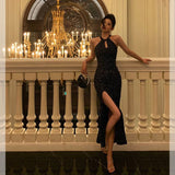 Sheath Halter Sleeveless Black Sequin Prom Dresses Birthday Outfits SD846