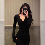 Sheath V Neckline Long Sleeves Black Prom Dresses Birthday Outfits SD849