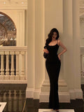 Sheath Spaghetti Straps Black Long Prom Dresses Birthday Outfits SD853