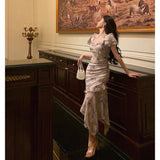 Mermaid V neckline Short Sleeves Date Night Dress Prom Dresses Floral Birthday Party Outfit SD856