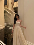 A Line Spaghetti Straps White Date Night Dress Prom Dresses Birthday Party Outfit SD858