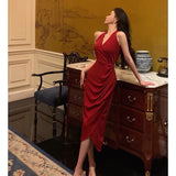 A line V neckline Sleeveless Red Date Night Dress Prom Dresses Birthday Party Outfit SD863